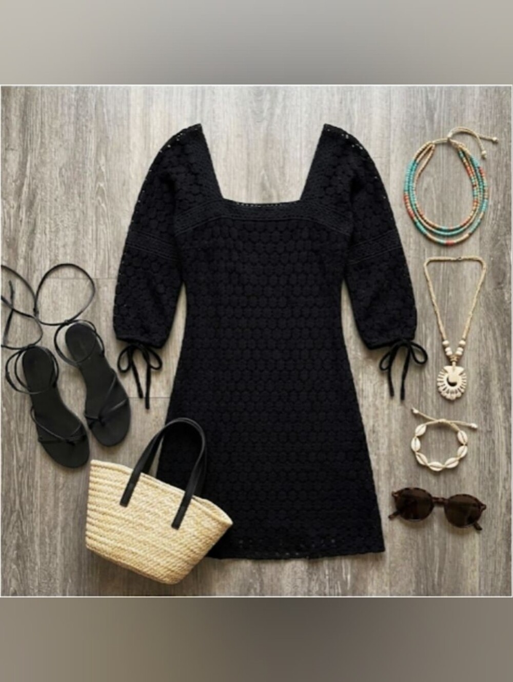 Solitaire by Ravi Khosla Black Crochet Look Square Neck Dress Size S